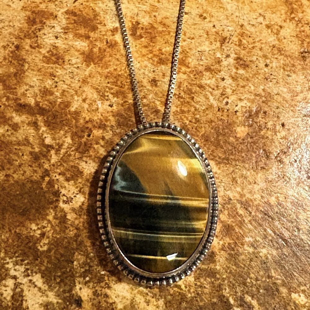 Sterling Silver 18 Inch Box Chain w/ Removable Tigers Eye Pendant Artisan Vintag